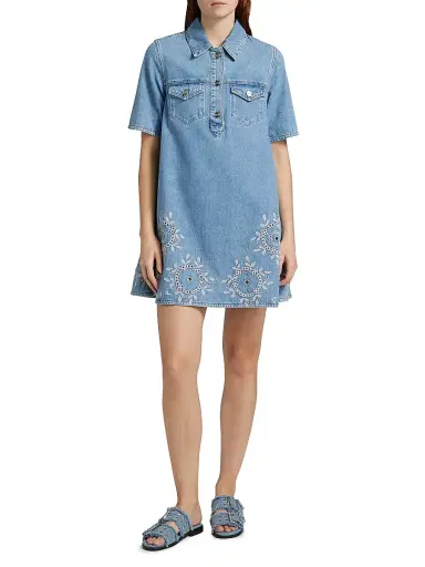 Ganni Women's Broderie Anglaise Denim Minidress | Thumbnail 2 Ganni Women's Broderie Anglaise Denim Minidress | Thumbnail 2