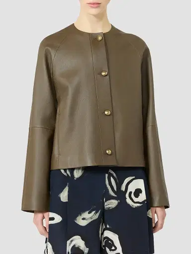 Max Mara Women's Nappa Leather Crew Neck Jacket - Kaki | Thumbnail 3 Max Mara Women's Nappa Leather Crew Neck Jacket - Kaki | Thumbnail 3