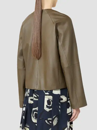 Max Mara Women's Nappa Leather Crew Neck Jacket - Kaki | Thumbnail 4 Max Mara Women's Nappa Leather Crew Neck Jacket - Kaki | Thumbnail 4