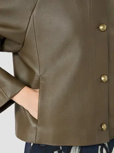 Max Mara Women's Nappa Leather Crew Neck Jacket - Kaki | Thumbnail 5 Max Mara Women's Nappa Leather Crew Neck Jacket - Kaki | Thumbnail 5
