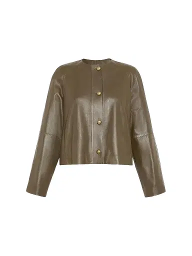 Max Mara Women's Nappa Leather Crew Neck Jacket - Kaki | Thumbnail 1 Max Mara Women's Nappa Leather Crew Neck Jacket - Kaki | Thumbnail 1