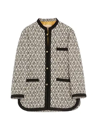 Valentino Garavani Men's Bouclé Wool Jacket with Toute La V Jacquard Pattern - Navy Beige | Thumbnail 1 Valentino Garavani Men's Bouclé Wool Jacket with Toute La V Jacquard Pattern - Navy Beige | Thumbnail 1