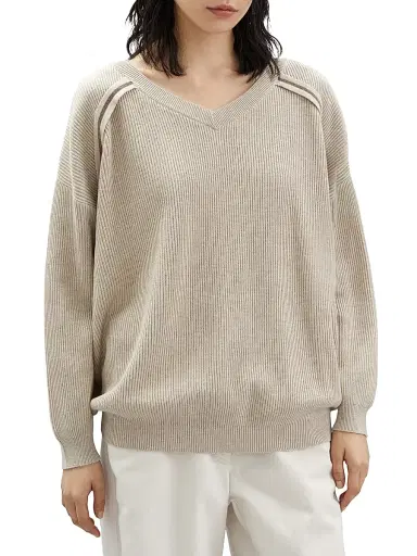 Brunello Cucinelli Women's Cotton English Rib Sweater With Shiny Stripes - Beige | Thumbnail 2 Brunello Cucinelli Women's Cotton English Rib Sweater With Shiny Stripes - Beige | Thumbnail 2