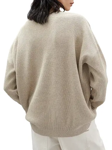 Brunello Cucinelli Women's Cotton English Rib Sweater With Shiny Stripes - Beige | Thumbnail 3 Brunello Cucinelli Women's Cotton English Rib Sweater With Shiny Stripes - Beige | Thumbnail 3