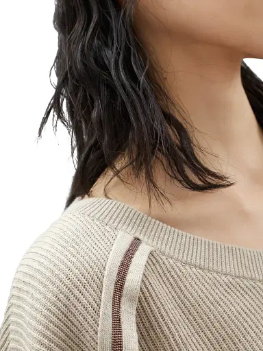 Brunello Cucinelli Women's Cotton English Rib Sweater With Shiny Stripes - Beige | Thumbnail 4 Brunello Cucinelli Women's Cotton English Rib Sweater With Shiny Stripes - Beige | Thumbnail 4