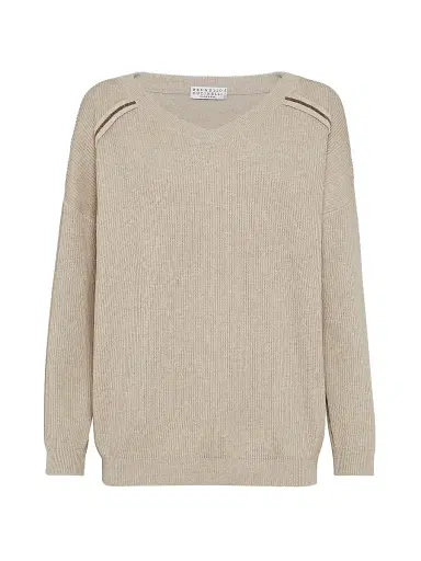 Brunello Cucinelli Women's Cotton English Rib Sweater With Shiny Stripes - Beige | Thumbnail 1 Brunello Cucinelli Women's Cotton English Rib Sweater With Shiny Stripes - Beige | Thumbnail 1