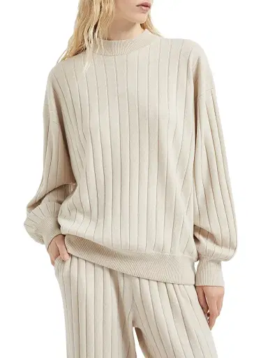 Brunello Cucinelli Women's Cashmere Flat Rib Sweater with Monili - Beige | Thumbnail 2 Brunello Cucinelli Women's Cashmere Flat Rib Sweater with Monili - Beige | Thumbnail 2