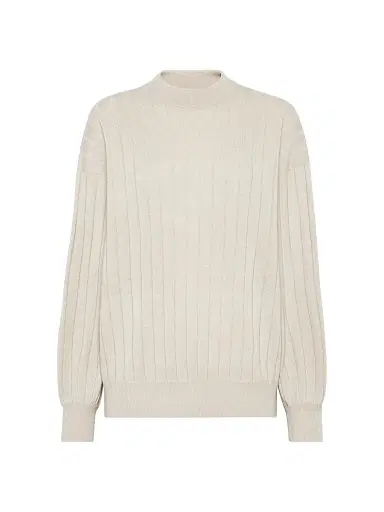 Brunello Cucinelli Women's Cashmere Flat Rib Sweater with Monili - Beige | Thumbnail 1 Brunello Cucinelli Women's Cashmere Flat Rib Sweater with Monili - Beige | Thumbnail 1