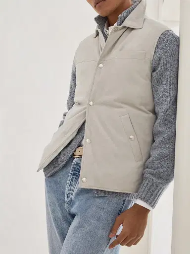 Brunello Cucinelli Men's Suede Down Vest with Shirt Style Collar - | Thumbnail 2 Brunello Cucinelli Men's Suede Down Vest with Shirt Style Collar - | Thumbnail 2