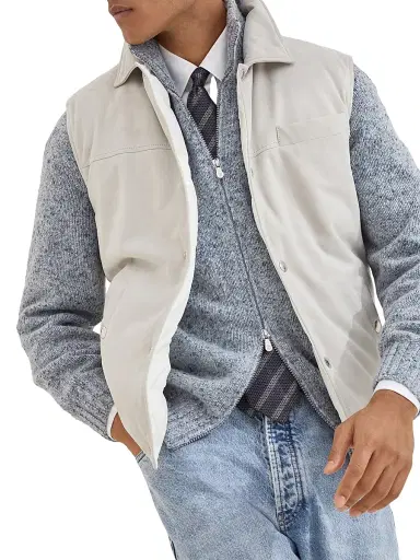 Brunello Cucinelli Men's Suede Down Vest with Shirt Style Collar - | Thumbnail 5 Brunello Cucinelli Men's Suede Down Vest with Shirt Style Collar - | Thumbnail 5