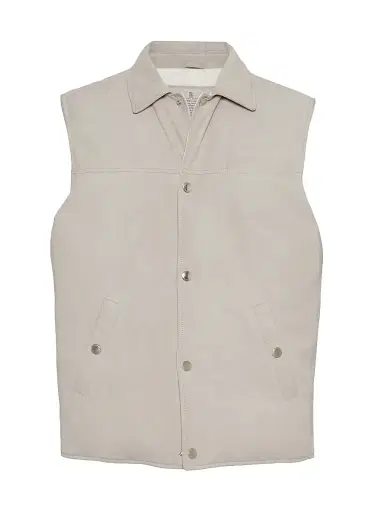 Brunello Cucinelli Men's Suede Down Vest with Shirt Style Collar - | Thumbnail 1 Brunello Cucinelli Men's Suede Down Vest with Shirt Style Collar - | Thumbnail 1