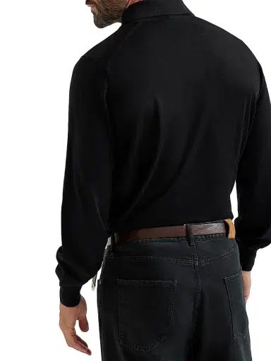 Brunello Cucinelli Men's Lightweight Knit Polo Shirt - Black | Thumbnail 3 Brunello Cucinelli Men's Lightweight Knit Polo Shirt - Black | Thumbnail 3