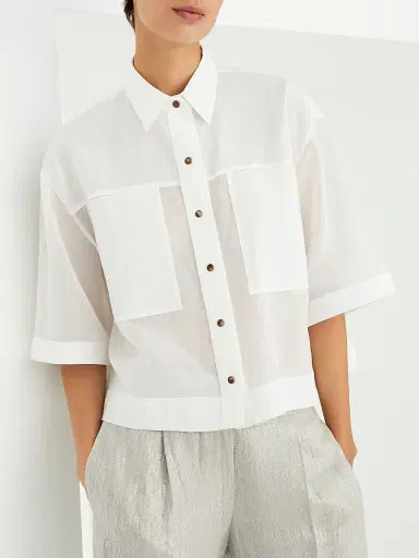 Brunello Cucinelli Women's Cotton Organza Shirt With Shiny Tab | Thumbnail 2 Brunello Cucinelli Women's Cotton Organza Shirt With Shiny Tab | Thumbnail 2