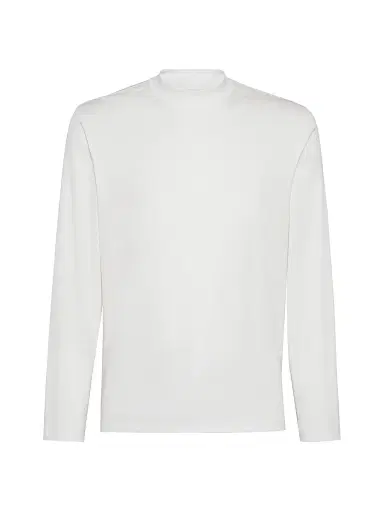 Brunello Cucinelli Men's Cotton Jersey Mock Neck Long Sleeve T-Shirt - Off White | Thumbnail 1 Brunello Cucinelli Men's Cotton Jersey Mock Neck Long Sleeve T-Shirt - Off White | Thumbnail 1
