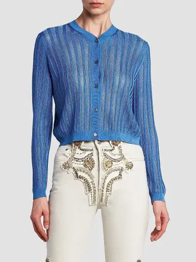 Versace Women's La Vacanza Mesh Rib-Knit Cardigan - Blue - Size 12 | Thumbnail 3 Versace Women's La Vacanza Mesh Rib-Knit Cardigan - Blue - Size 12 | Thumbnail 3
