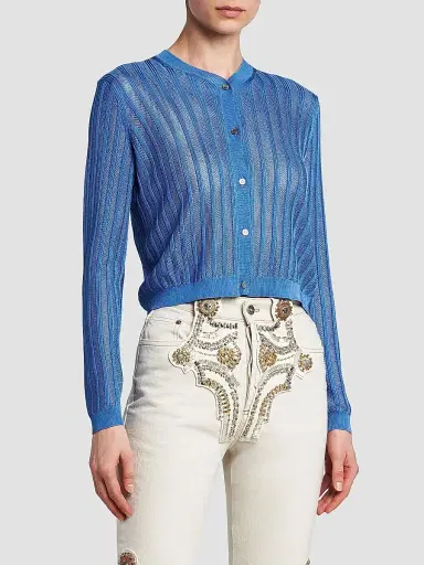 Versace Women's La Vacanza Mesh Rib-Knit Cardigan - Blue - Size 12 | Thumbnail 4 Versace Women's La Vacanza Mesh Rib-Knit Cardigan - Blue - Size 12 | Thumbnail 4