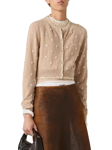 Miu Miu Women's Embroidered Cashmere Cardigan - Beige Khaki | Thumbnail 2 Miu Miu Women's Embroidered Cashmere Cardigan - Beige Khaki | Thumbnail 2