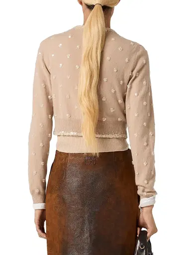 Miu Miu Women's Embroidered Cashmere Cardigan - Beige Khaki | Thumbnail 3 Miu Miu Women's Embroidered Cashmere Cardigan - Beige Khaki | Thumbnail 3