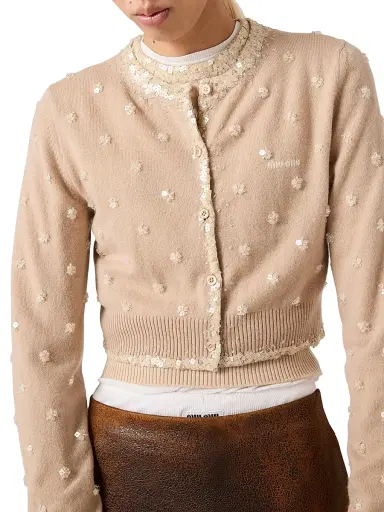 Miu Miu Women's Embroidered Cashmere Cardigan - Beige Khaki | Thumbnail 4 Miu Miu Women's Embroidered Cashmere Cardigan - Beige Khaki | Thumbnail 4