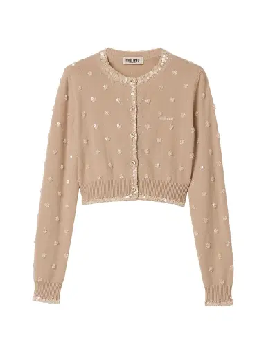 Miu Miu Women's Embroidered Cashmere Cardigan - Beige Khaki | Thumbnail 1 Miu Miu Women's Embroidered Cashmere Cardigan - Beige Khaki | Thumbnail 1