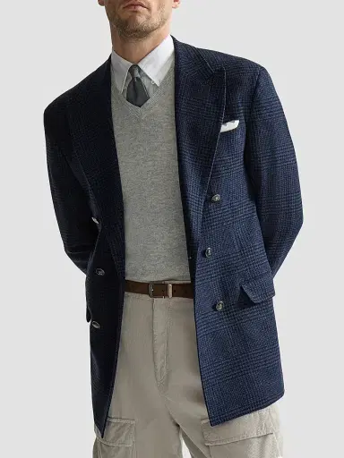 Brunello Cucinelli Men's Prince of Wales Flannel One-and-a-Half Breasted Tailor Blazer - Blue | Thumbnail 4 Brunello Cucinelli Men's Prince of Wales Flannel One-and-a-Half Breasted Tailor Blazer - Blue | Thumbnail 4
