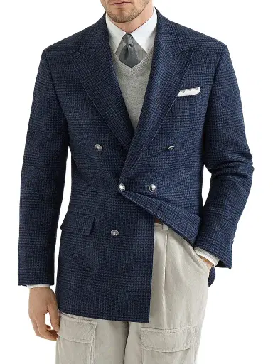 Brunello Cucinelli Men's Prince of Wales Flannel One-and-a-Half Breasted Tailor Blazer - Blue | Thumbnail 1 Brunello Cucinelli Men's Prince of Wales Flannel One-and-a-Half Breasted Tailor Blazer - Blue | Thumbnail 1