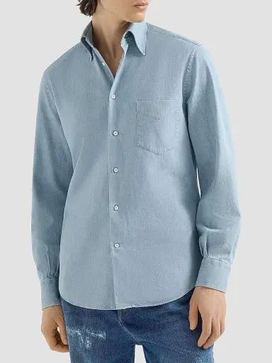 Brunello Cucinelli Men's Lightweight Denim Shirt with Italian Collar | Thumbnail 2 Brunello Cucinelli Men's Lightweight Denim Shirt with Italian Collar | Thumbnail 2