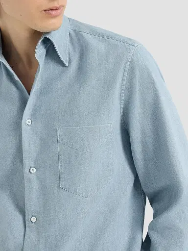 Brunello Cucinelli Men's Lightweight Denim Shirt with Italian Collar | Thumbnail 4 Brunello Cucinelli Men's Lightweight Denim Shirt with Italian Collar | Thumbnail 4