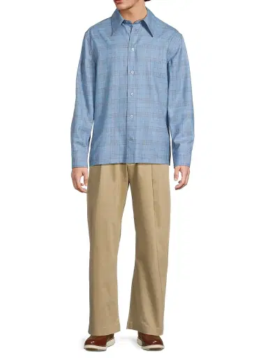 Jil Sander Men's Plaid Wool-Linen Snap-Front Shirt - Summer Kite | Thumbnail 2 Jil Sander Men's Plaid Wool-Linen Snap-Front Shirt - Summer Kite | Thumbnail 2