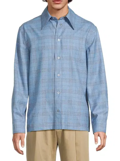 Jil Sander Men's Plaid Wool-Linen Snap-Front Shirt | Thumbnail 3 Jil Sander Men's Plaid Wool-Linen Snap-Front Shirt | Thumbnail 3