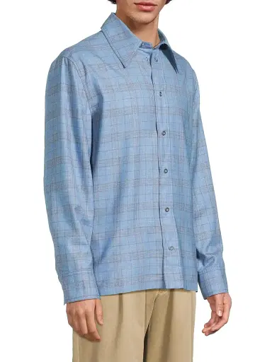 Jil Sander Men's Plaid Wool-Linen Snap-Front Shirt - Summer Kite | Thumbnail 4 Jil Sander Men's Plaid Wool-Linen Snap-Front Shirt - Summer Kite | Thumbnail 4