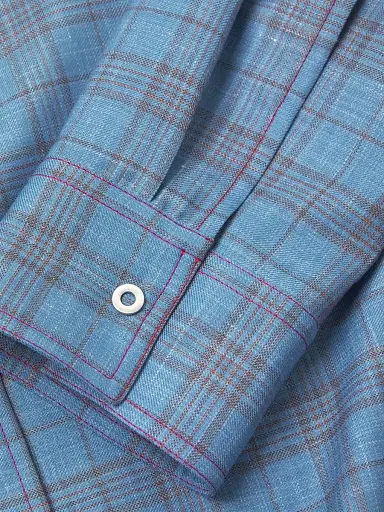 Jil Sander Men's Plaid Wool-Linen Snap-Front Shirt - Summer Kite | Thumbnail 6 Jil Sander Men's Plaid Wool-Linen Snap-Front Shirt - Summer Kite | Thumbnail 6