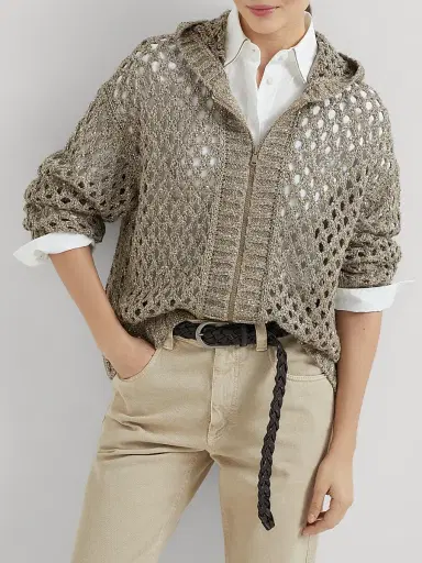 Brunello Cucinelli Women's Silk and Linen Dazzling Net Hooded Cardigan | Thumbnail 5 Brunello Cucinelli Women's Silk and Linen Dazzling Net Hooded Cardigan | Thumbnail 5