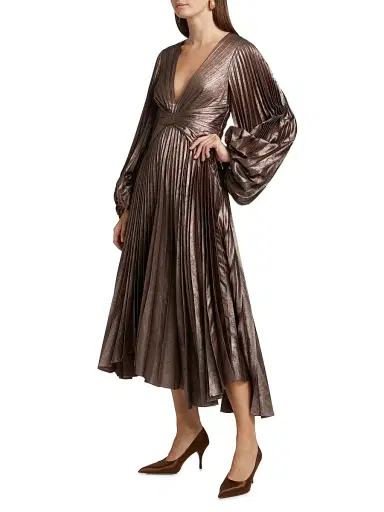 Acler Women's Palms Pleated Satin Midi-Dress - Coffee Metallic | Thumbnail 2 Acler Women's Palms Pleated Satin Midi-Dress - Coffee Metallic | Thumbnail 2