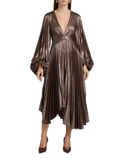 Acler Women's Palms Pleated Satin Midi-Dress - Coffee Metallic | Thumbnail 3 Acler Women's Palms Pleated Satin Midi-Dress - Coffee Metallic | Thumbnail 3