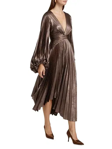 Acler Women's Palms Pleated Satin Midi-Dress - Coffee Metallic | Thumbnail 4 Acler Women's Palms Pleated Satin Midi-Dress - Coffee Metallic | Thumbnail 4