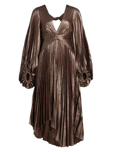 Acler Women's Palms Pleated Satin Midi-Dress - Coffee Metallic | Thumbnail 1 Acler Women's Palms Pleated Satin Midi-Dress - Coffee Metallic | Thumbnail 1