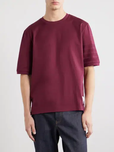 Thom Browne Logo-Appliquéd Striped Cotton-Jersey T-Shirt - Men | Thumbnail 3 Thom Browne Logo-Appliquéd Striped Cotton-Jersey T-Shirt - Men | Thumbnail 3