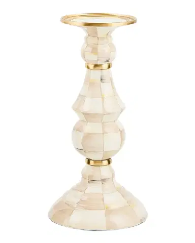 MacKenzie-Childs Mocha Check Large Pillar Candlestick, 11" Tall | Thumbnail 1 MacKenzie-Childs Mocha Check Large Pillar Candlestick, 11" Tall | Thumbnail 1