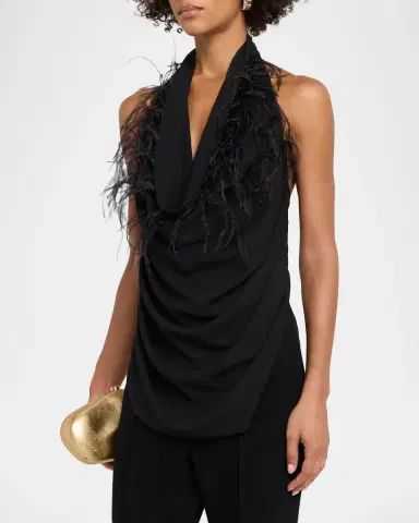Lapointe Feather-Trim Draped Georgette Halter Top | Thumbnail 4 Lapointe Feather-Trim Draped Georgette Halter Top | Thumbnail 4