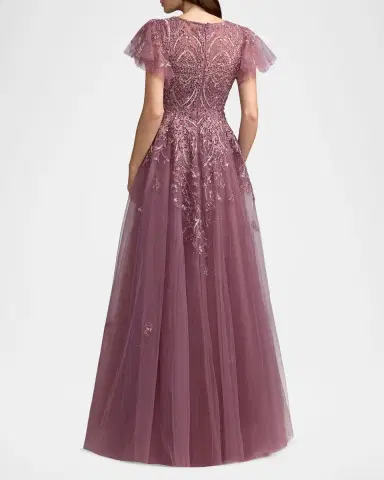 Mac Duggal Embroidered Tulle Flutter Sleeve Ballgown | Thumbnail 3 Mac Duggal Embroidered Tulle Flutter Sleeve Ballgown | Thumbnail 3