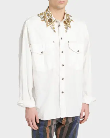 Versace Men's Embroidered-Collar Cotton Button-Down Shirt | Thumbnail 4 Versace Men's Embroidered-Collar Cotton Button-Down Shirt | Thumbnail 4