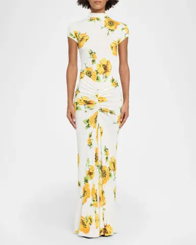 Alaïa Mock-Neck Draped Floral Jersey Cap-Sleeve Maxi Dress | Thumbnail 2 Alaïa Mock-Neck Draped Floral Jersey Cap-Sleeve Maxi Dress | Thumbnail 2