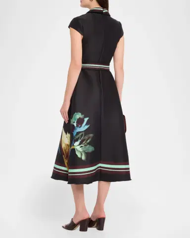 Badgley Mischka Belted Floral Mikado Midi Dress | Thumbnail 3 Badgley Mischka Belted Floral Mikado Midi Dress | Thumbnail 3