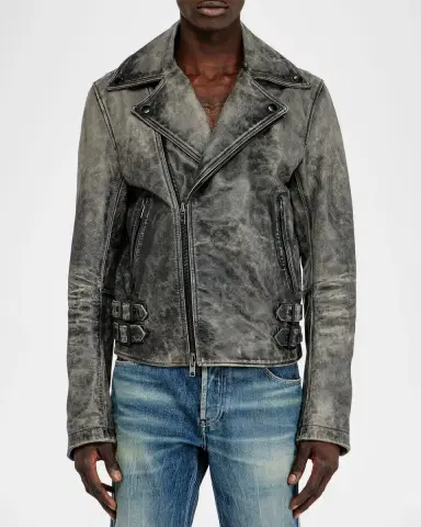 Diesel Men 's Treated Leather Biker Jacket | Thumbnail 4 Diesel Men 's Treated Leather Biker Jacket | Thumbnail 4