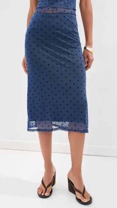 LE BOP Emma Midi Skirt Navy Flocked Polka Dot | Thumbnail 2 LE BOP Emma Midi Skirt Navy Flocked Polka Dot | Thumbnail 2