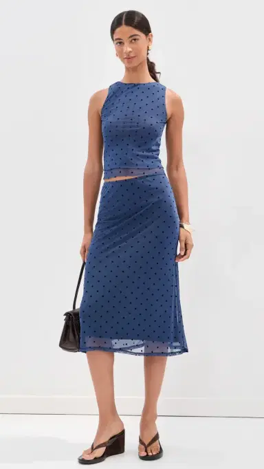 LE BOP Emma Midi Skirt Navy Flocked Polka Dot | Thumbnail 5 LE BOP Emma Midi Skirt Navy Flocked Polka Dot | Thumbnail 5
