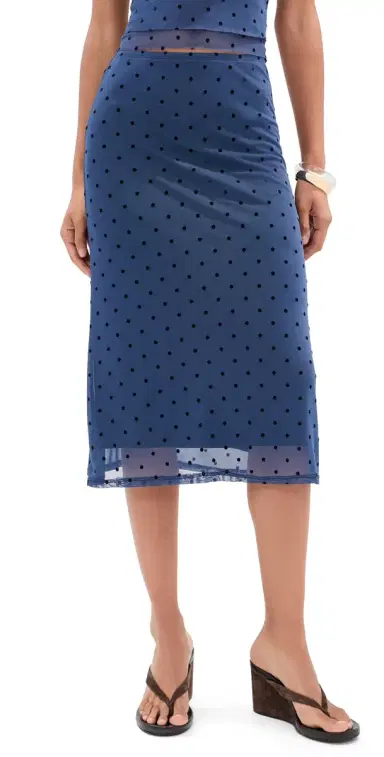 LE BOP Emma Midi Skirt Navy Flocked Polka Dot | Thumbnail 1 LE BOP Emma Midi Skirt Navy Flocked Polka Dot | Thumbnail 1
