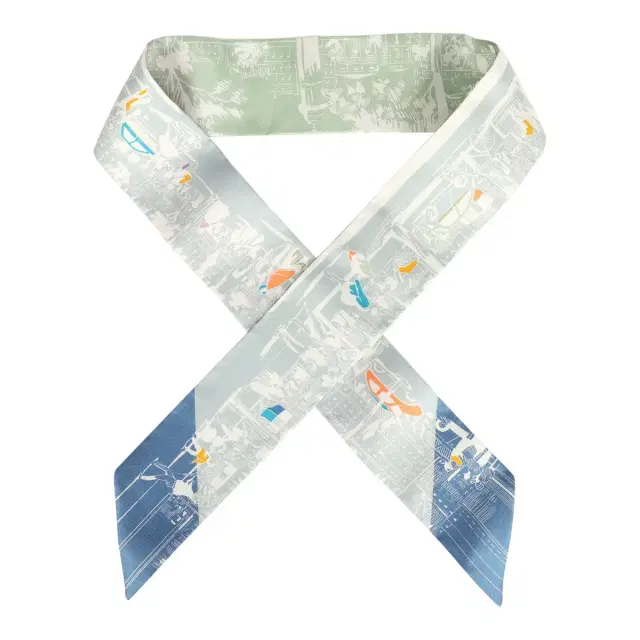 Hermes "A l'Ombre des Boulevards" Blanc, Vert, Mauve Multi Silk Twilly Pair Hermes "A l'Ombre des Boulevards" Blanc, Vert, Mauve Multi Silk Twilly Pair