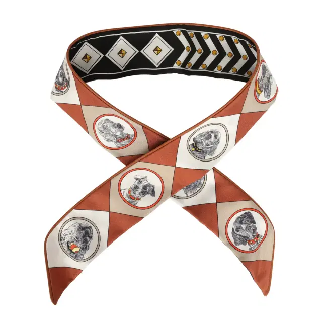 Hermes "Colliers et Chiens Forever" Black, Blanc, Caramel Leather Trim Silk Twilly Hermes "Colliers et Chiens Forever" Black, Blanc, Caramel Leather Trim Silk Twilly